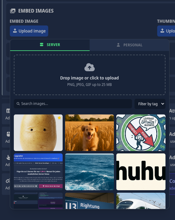 Screenshot des modalen Bildauswahlfensters, das die Tabs Serverbilder und Persönliche Bilder zeigt
