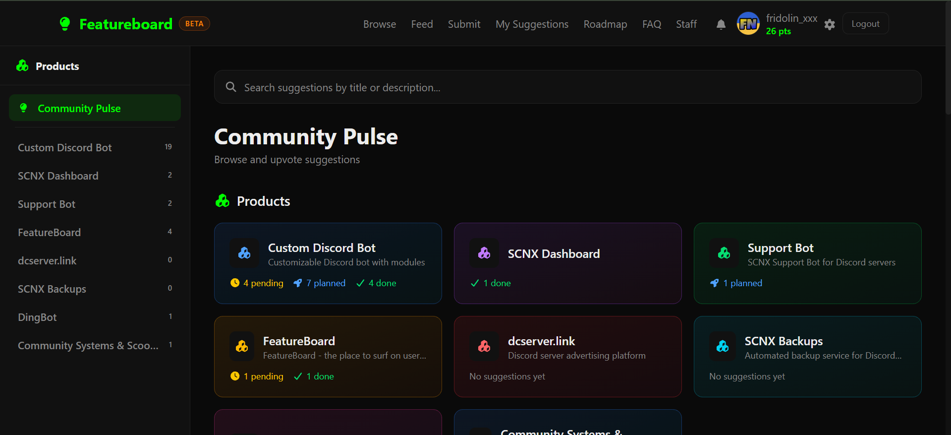 Screenshot showing the "Browse"-Tab of Featureboard